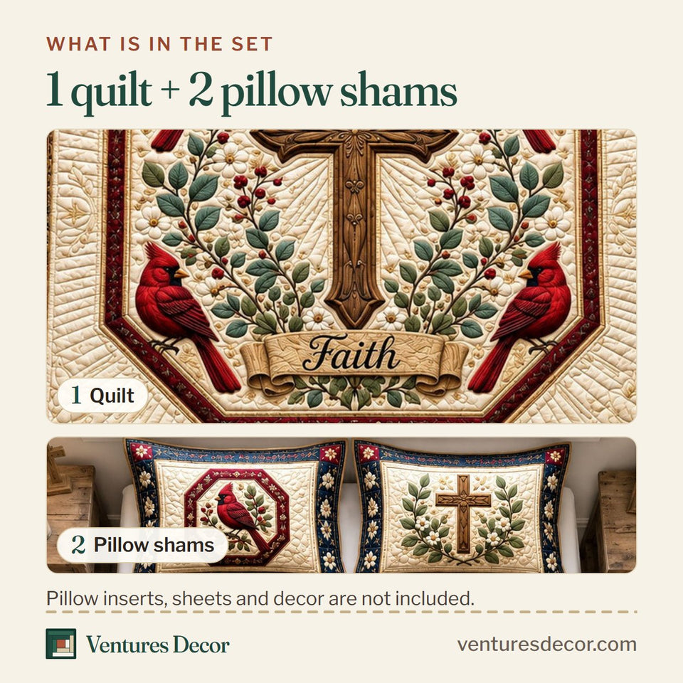 What is in the set: one quilt and two pillow shams, shown in the Cardinal Cross Garden Of Faith design