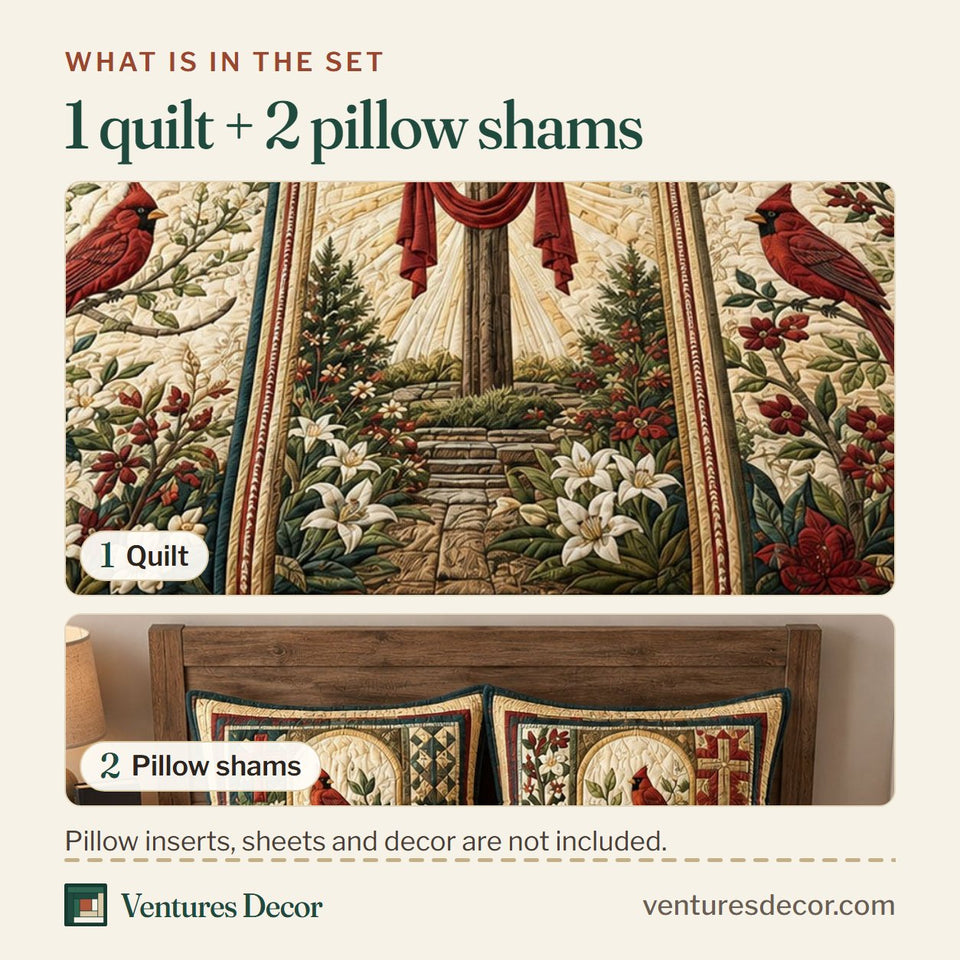 What is in the set: one quilt and two pillow shams, shown in the Cardinal Cross Garden design