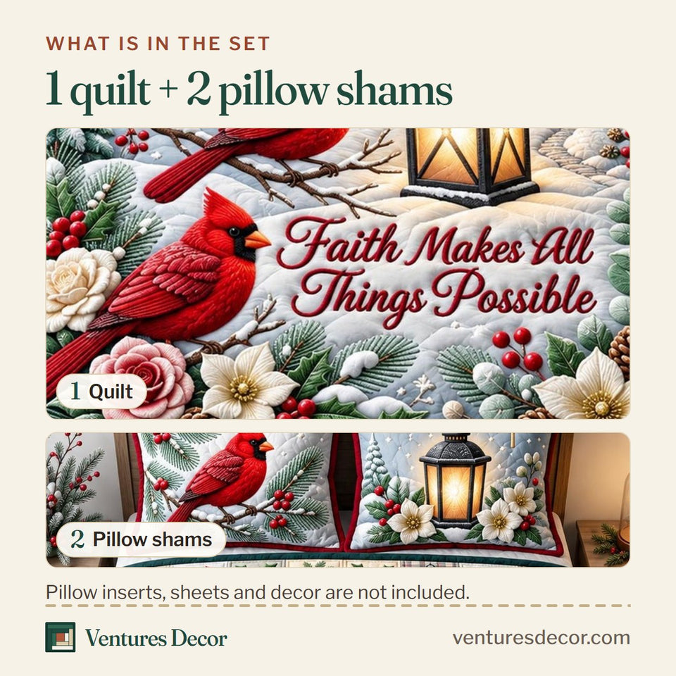 What is in the set: one quilt and two pillow shams, shown in the Cardinal Faith Garden design