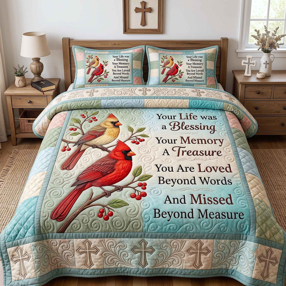 Cardinal Faith Pale Blue Memorial Verse Panel quilted bedding set, quilt and two pillow shams on a made bed