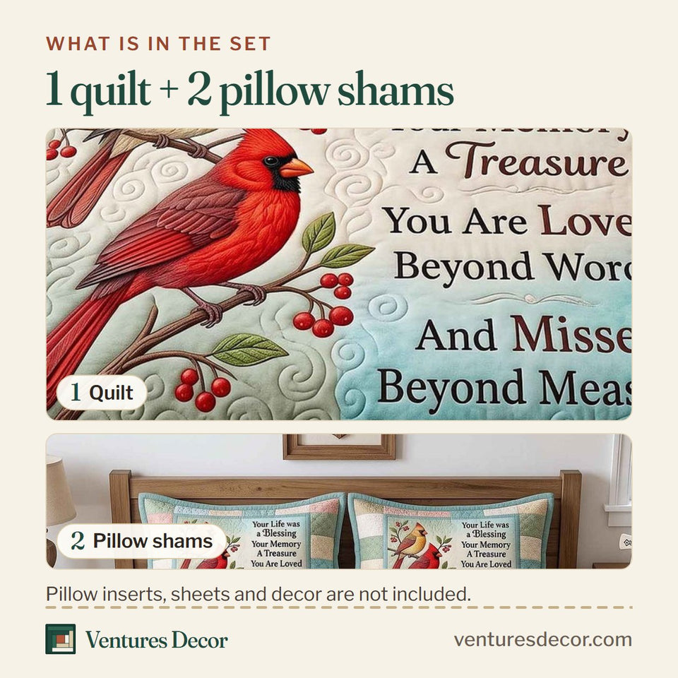 What is in the set: one quilt and two pillow shams, shown in the Cardinal Faith Pale Blue Memorial Verse Panel design