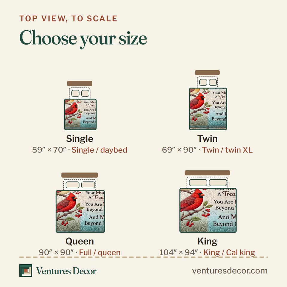 Size guide for the Cardinal Faith Pale Blue Memorial Verse Panel quilt, top view to scale: Single 59 x 70 in, Twin 69 x 90 in, Queen 90 x 90 in, King 104 x 94 in