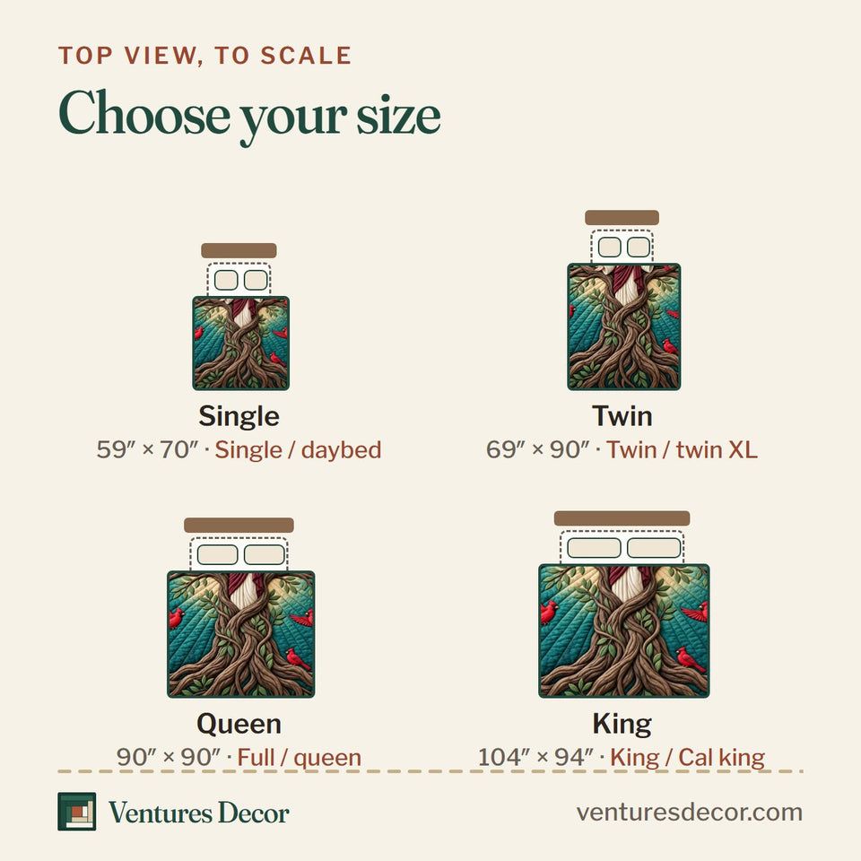 Size guide for the Cardinal Forest Cross quilt, top view to scale: Single 59 x 70 in, Twin 69 x 90 in, Queen 90 x 90 in, King 104 x 94 in