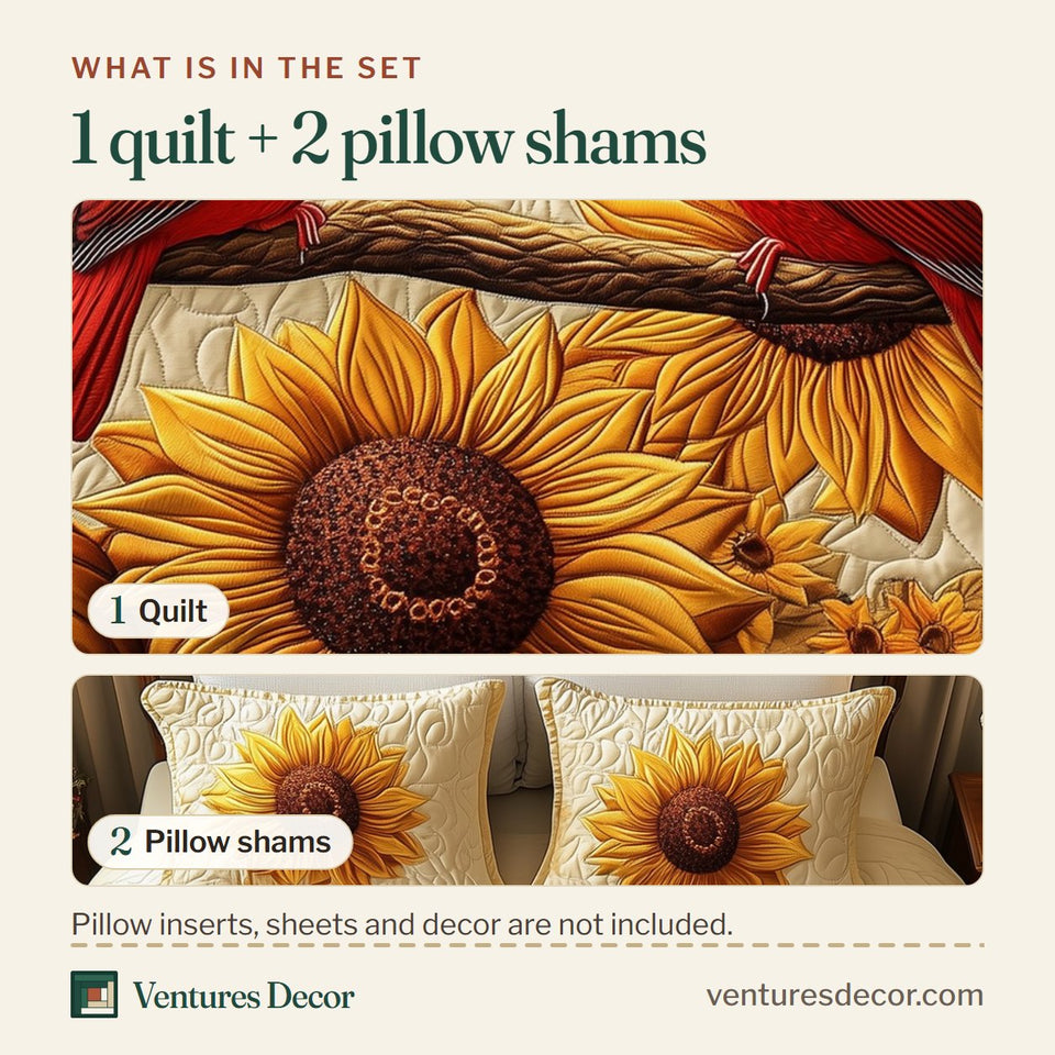 What is in the set: one quilt and two pillow shams, shown in the Cardinal Golden Harvest design