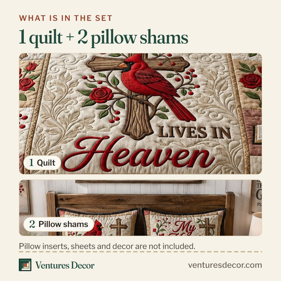 What is in the set: one quilt and two pillow shams, shown in the Cardinal Heart In Heaven design