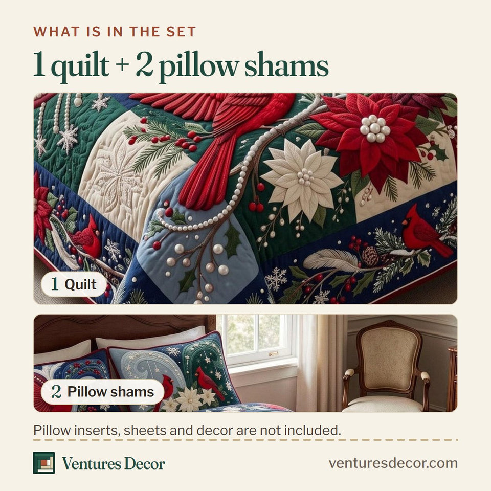 What is in the set: one quilt and two pillow shams, shown in the Cardinal Holiday design