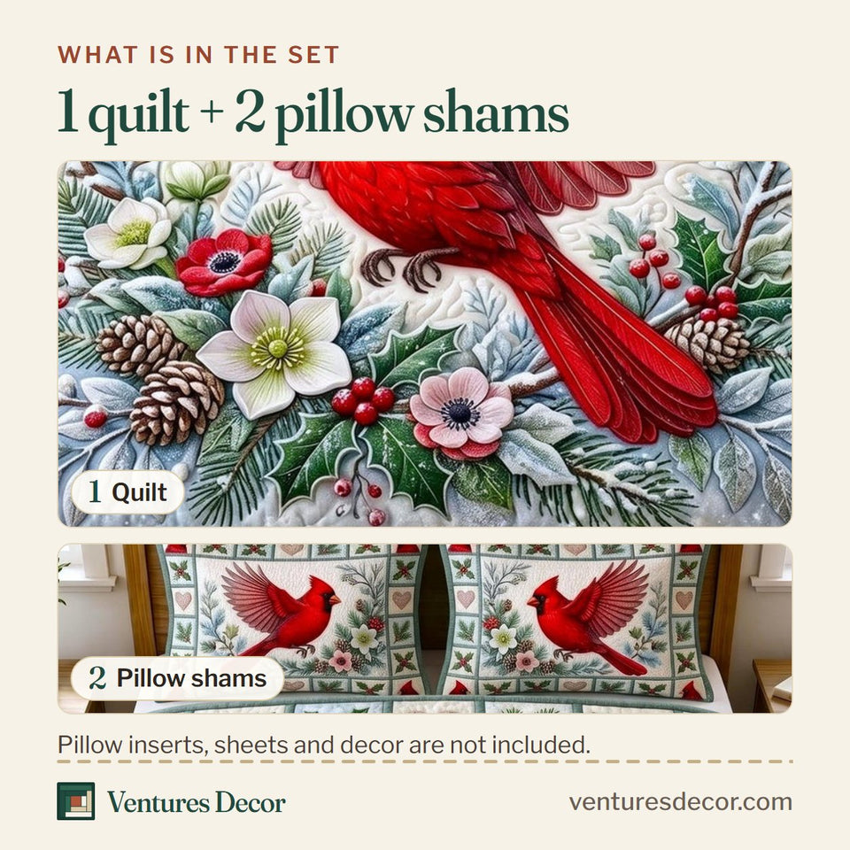 What is in the set: one quilt and two pillow shams, shown in the Cardinal in Flight Winter Blooms design
