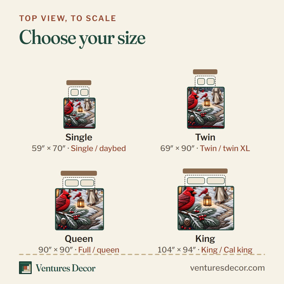 Size guide for the Cardinal Jesus quilt, top view to scale: Single 59 x 70 in, Twin 69 x 90 in, Queen 90 x 90 in, King 104 x 94 in