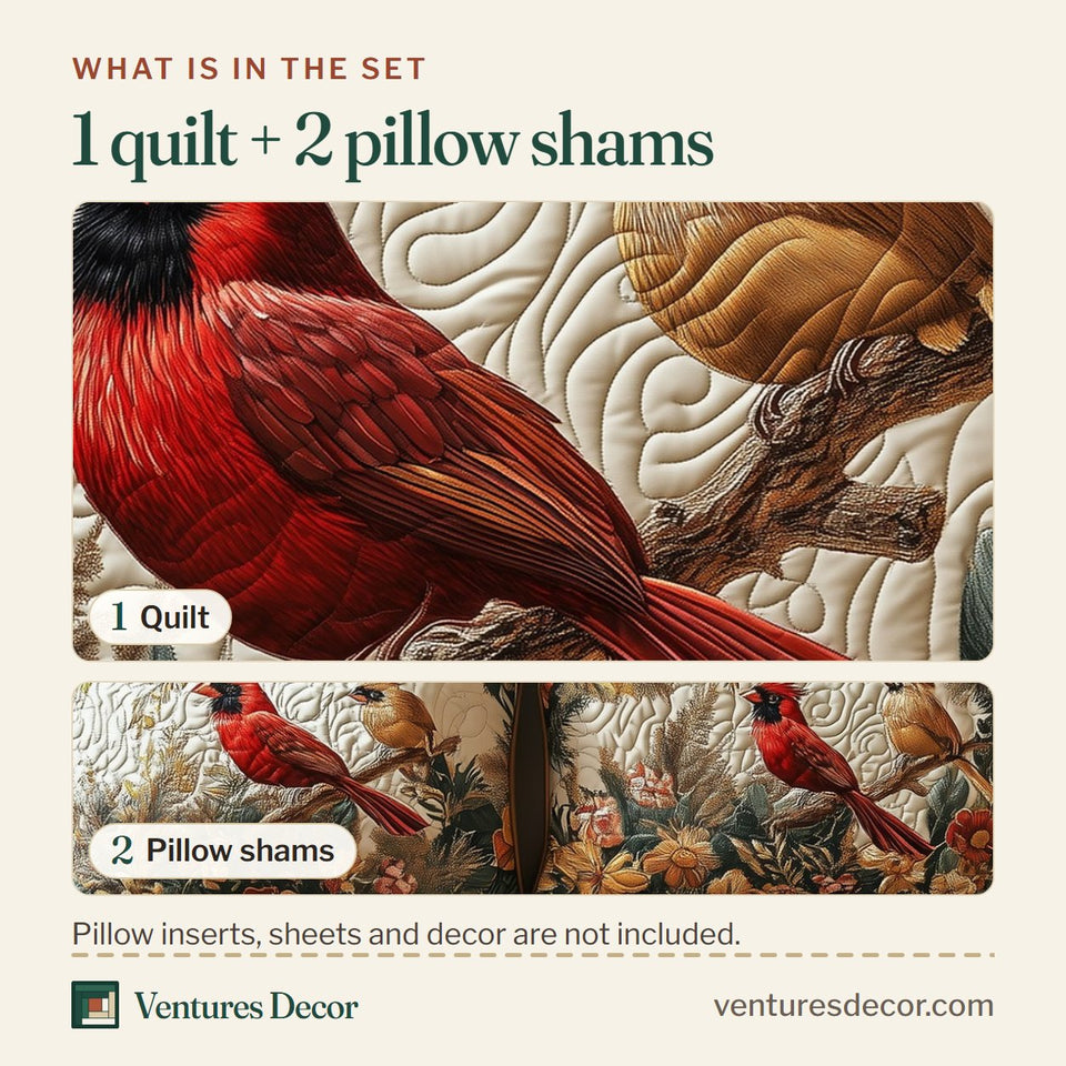 What is in the set: one quilt and two pillow shams, shown in the Cardinal Love Dance Autumn Blooms Beneath the Pair design