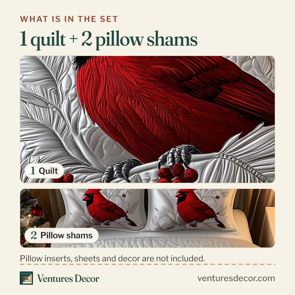 What is in the set: one quilt and two pillow shams, shown in the Cardinal On Snowy Branch design