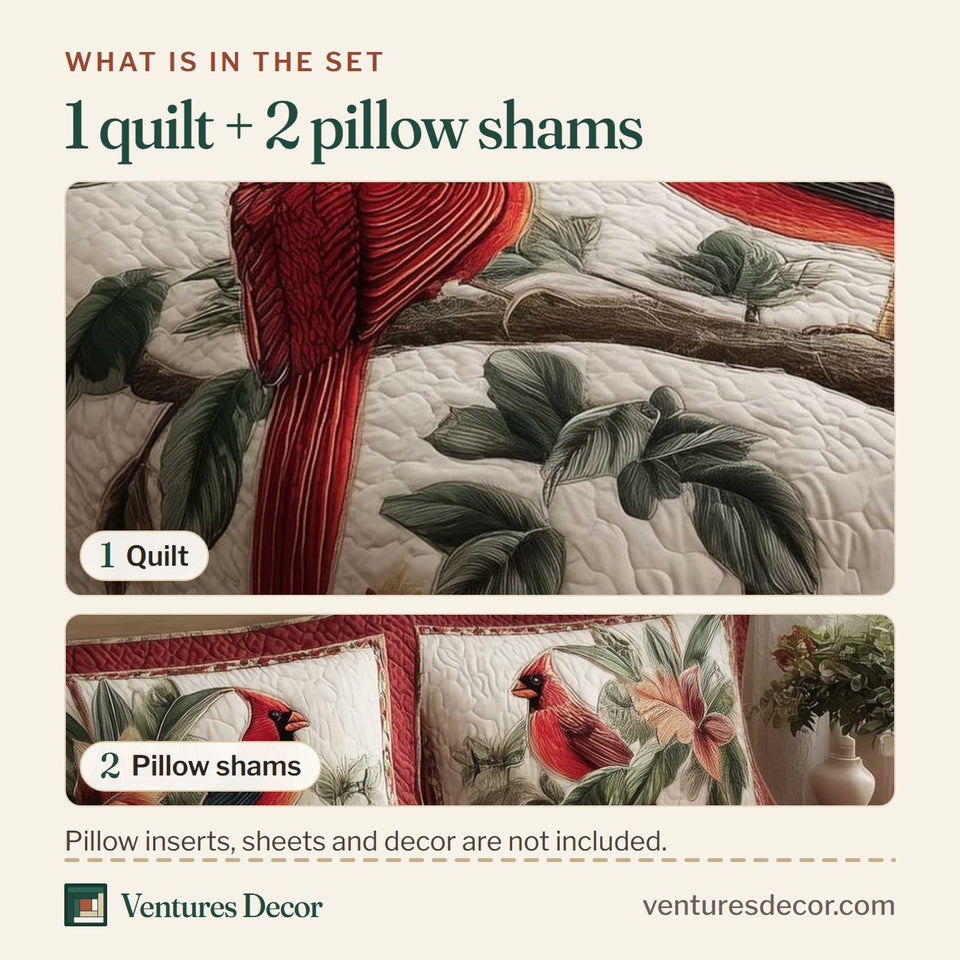 What is in the set: one quilt and two pillow shams, shown in the Cardinal Pair Berry Branch design