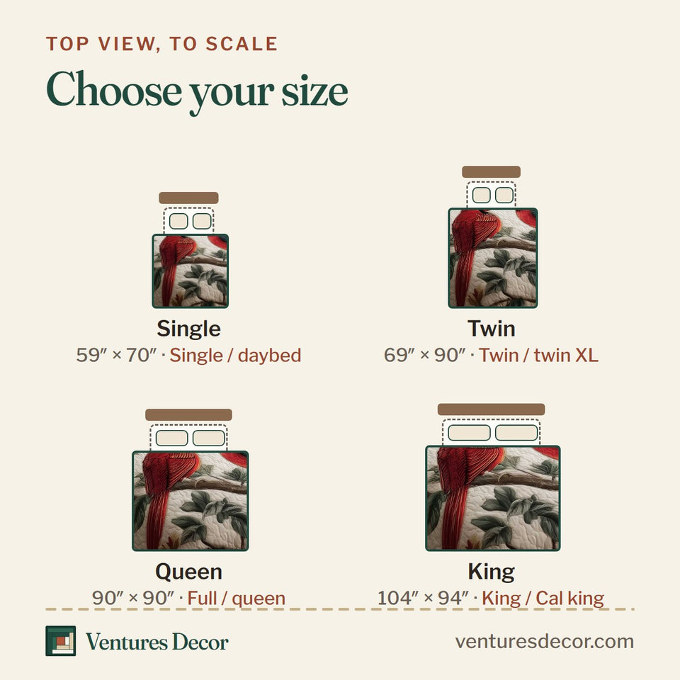 Size guide for the Cardinal Pair Berry Branch quilt, top view to scale: Single 59 x 70 in, Twin 69 x 90 in, Queen 90 x 90 in, King 104 x 94 in