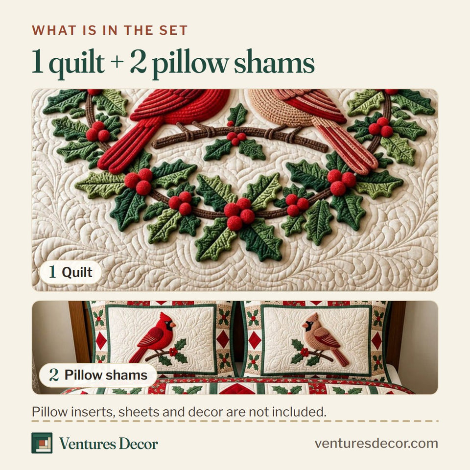 What is in the set: one quilt and two pillow shams, shown in the Cardinal Pair Holly Wreath design