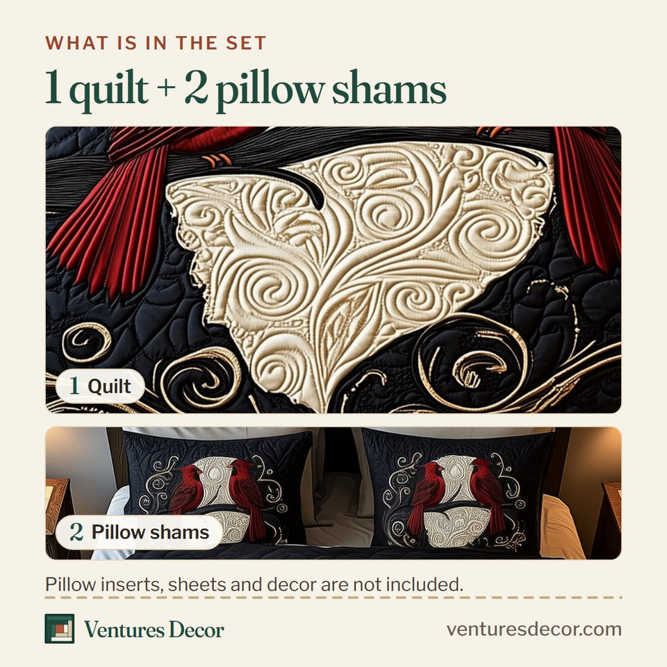 What is in the set: one quilt and two pillow shams, shown in the Cardinal Pair Nocturne design