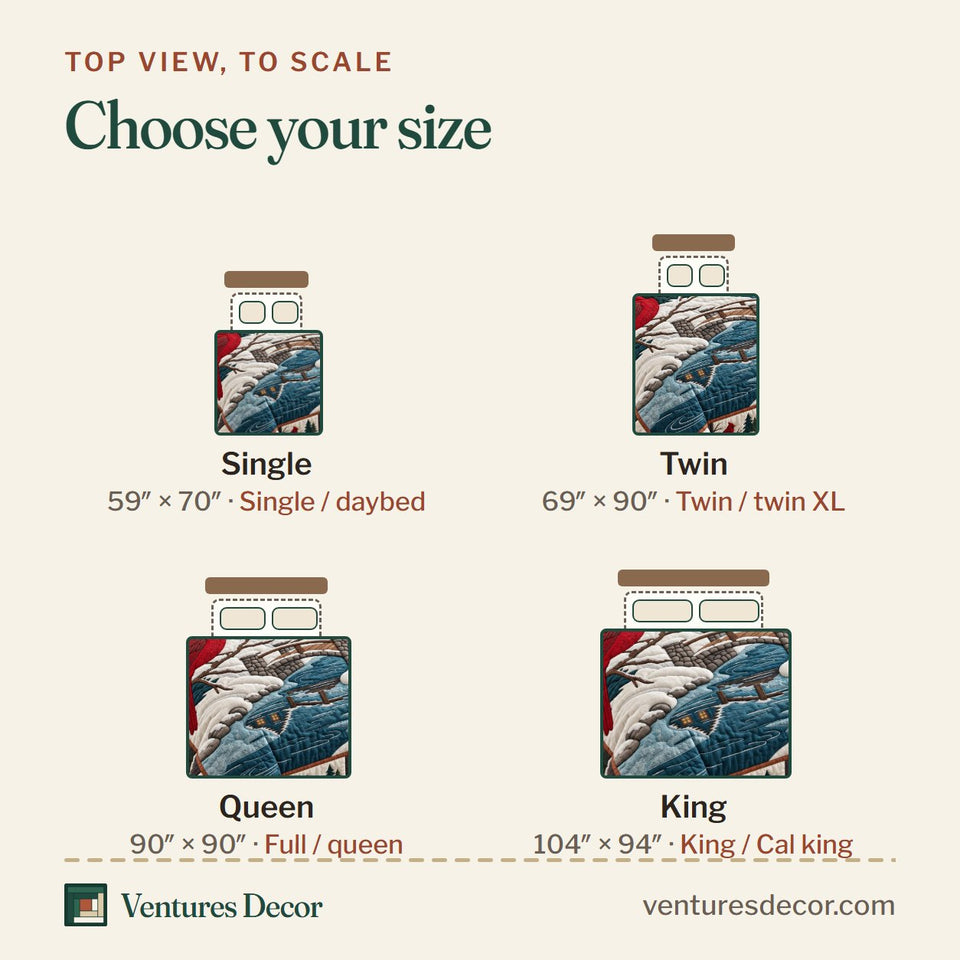 Size guide for the Cardinal River quilt, top view to scale: Single 59 x 70 in, Twin 69 x 90 in, Queen 90 x 90 in, King 104 x 94 in
