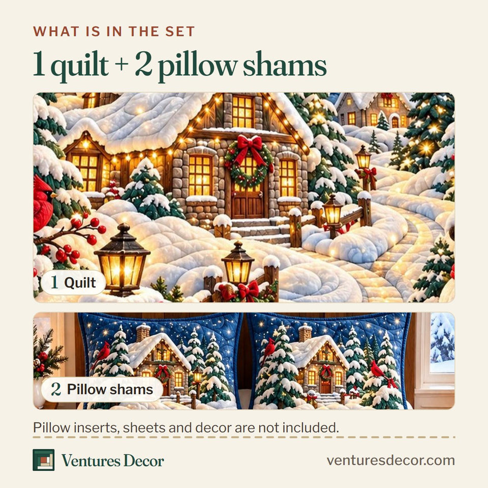 What is in the set: one quilt and two pillow shams, shown in the Cardinal Snow Cottage Quilt Set, 3-Piece Quilted Bedding with 2 Pillow Shams design