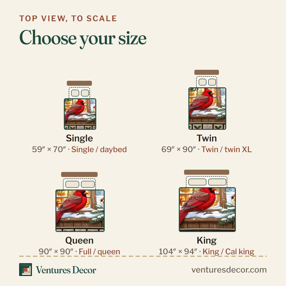 Size guide for the Cardinal Window quilt, top view to scale: Single 59 x 70 in, Twin 69 x 90 in, Queen 90 x 90 in, King 104 x 94 in