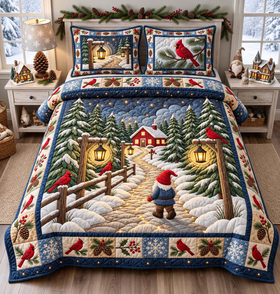 Cardinal Winter Path quilted bedding set, quilt and two pillow shams on a made bed