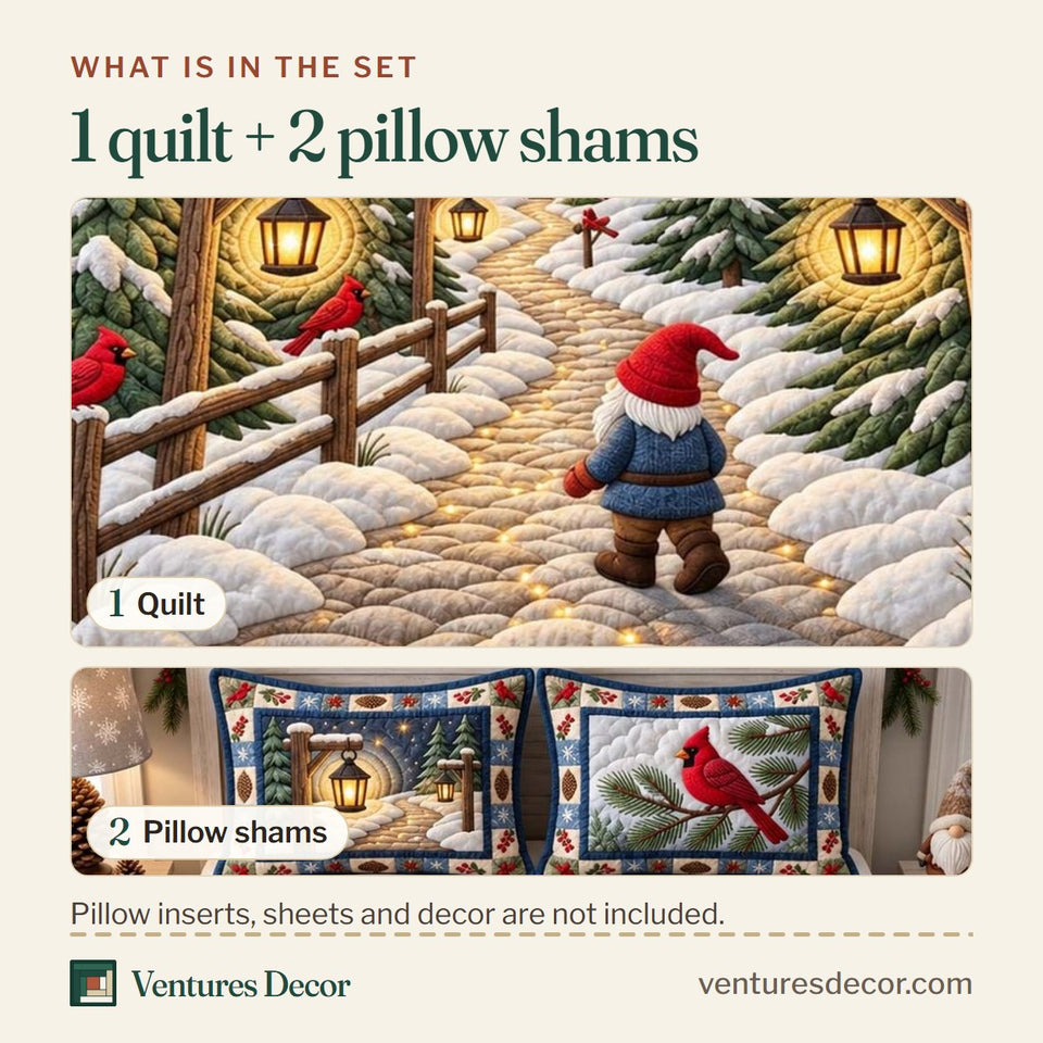 What is in the set: one quilt and two pillow shams, shown in the Cardinal Winter Path Quilt Set, 3-Piece Quilted Bedding with 2 Pillow Shams design