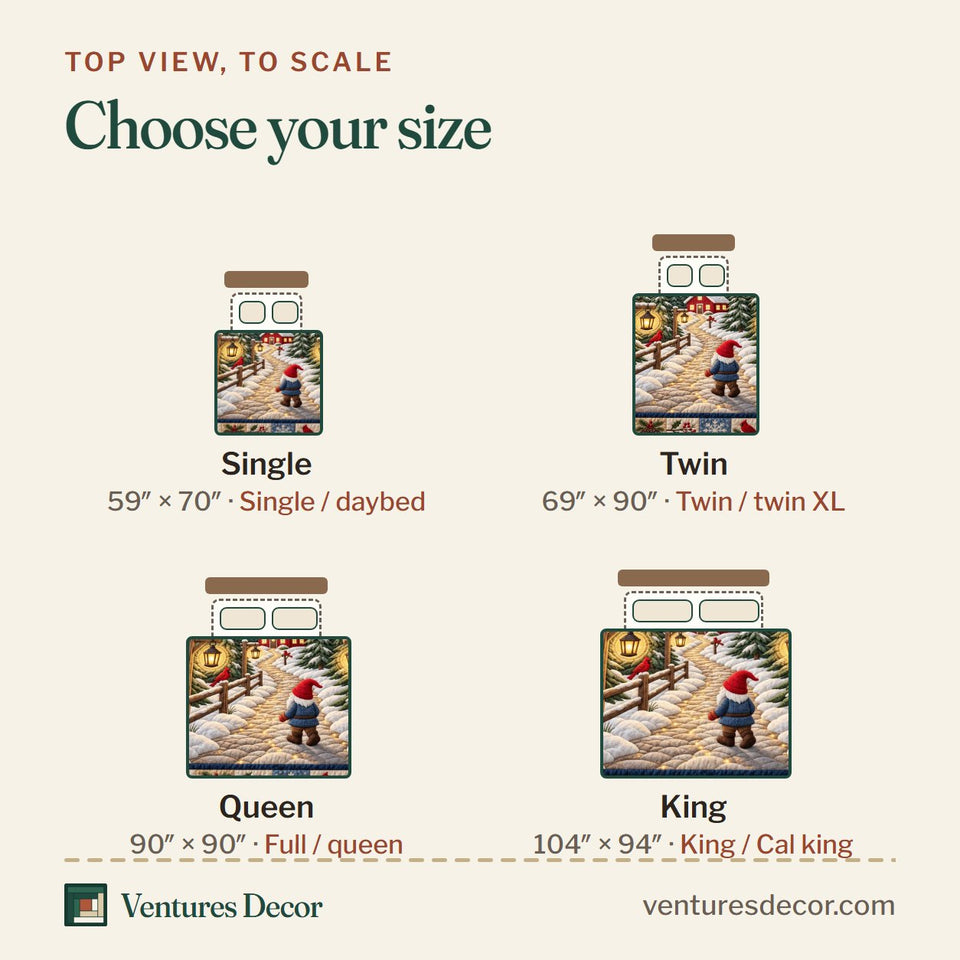 Size guide for the Cardinal Winter Path Quilt Set, 3-Piece Quilted Bedding with 2 Pillow Shams quilt, top view to scale: Single 59 x 70 in, Twin 69 x 90 in, Queen 90 x 90 in, King 104 x 94 in