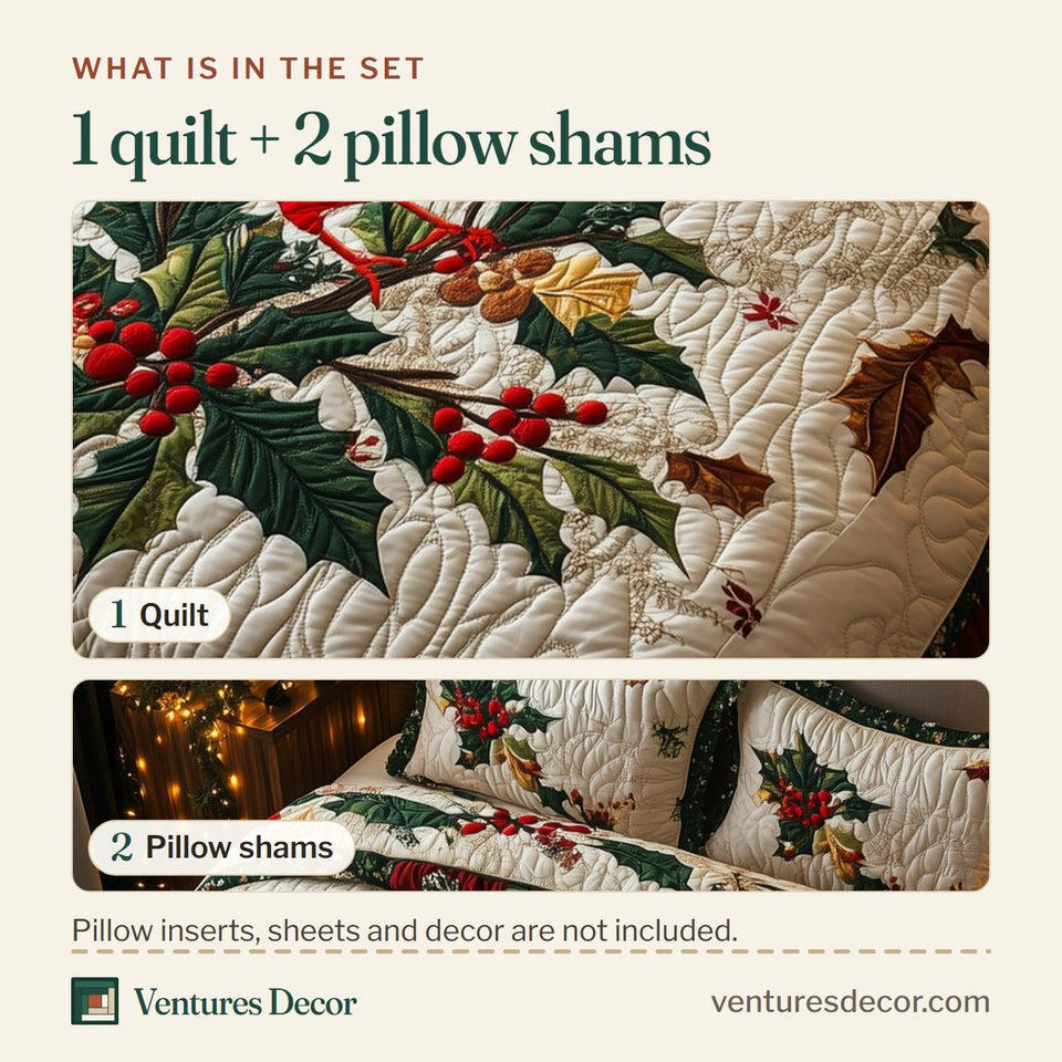 What is in the set: one quilt and two pillow shams, shown in the Cardinal Wreath Yuletide design