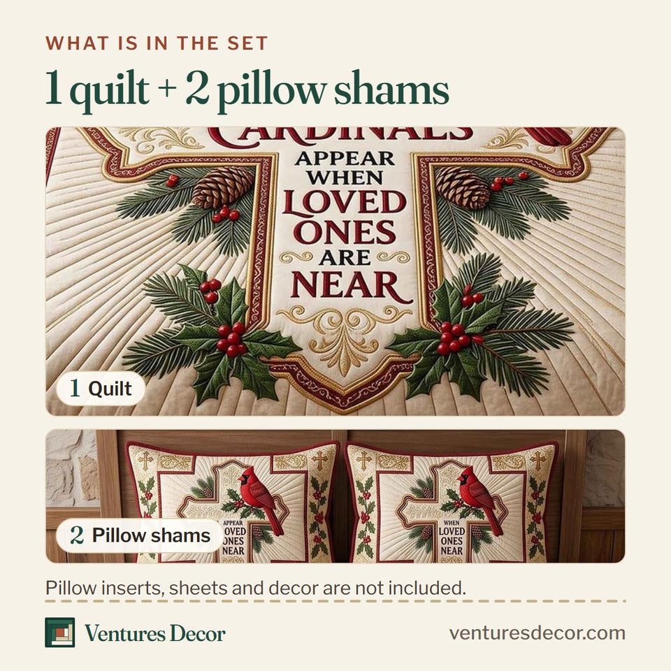 What is in the set: one quilt and two pillow shams, shown in the Cardinals Appear Memorial design
