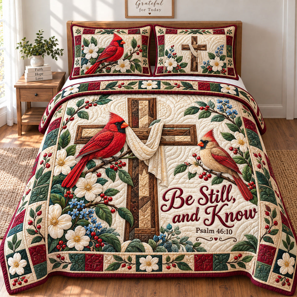 Cardinals Cross quilted bedding set, quilt and two pillow shams on a made bed