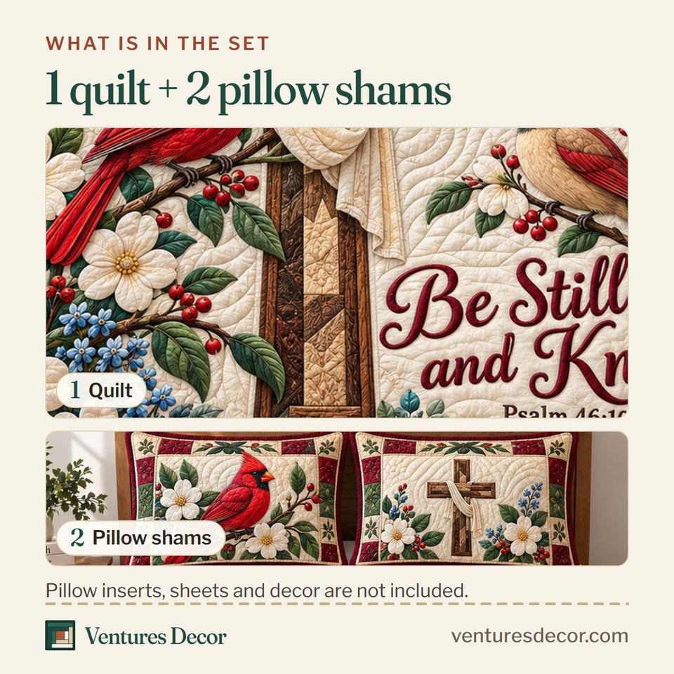 What is in the set: one quilt and two pillow shams, shown in the Cardinals Cross design