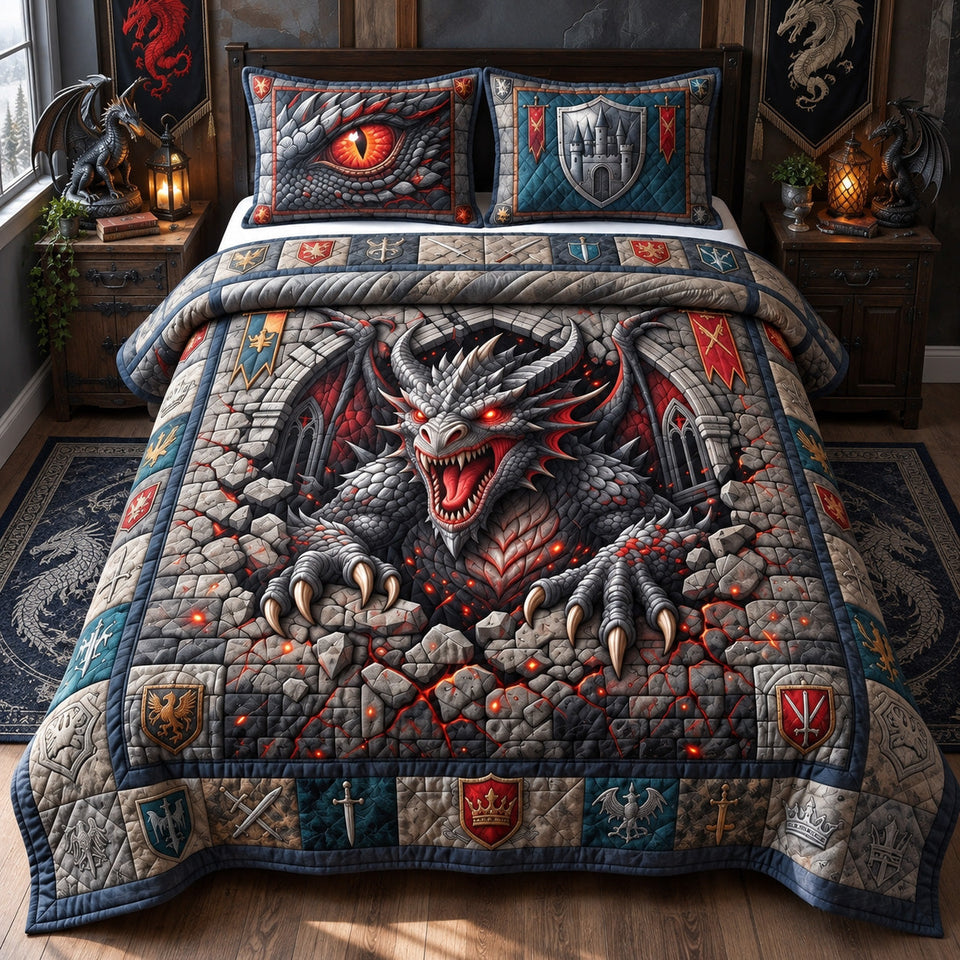 Castle Breaker Dragon quilted bedding set, quilt and two pillow shams on a made bed