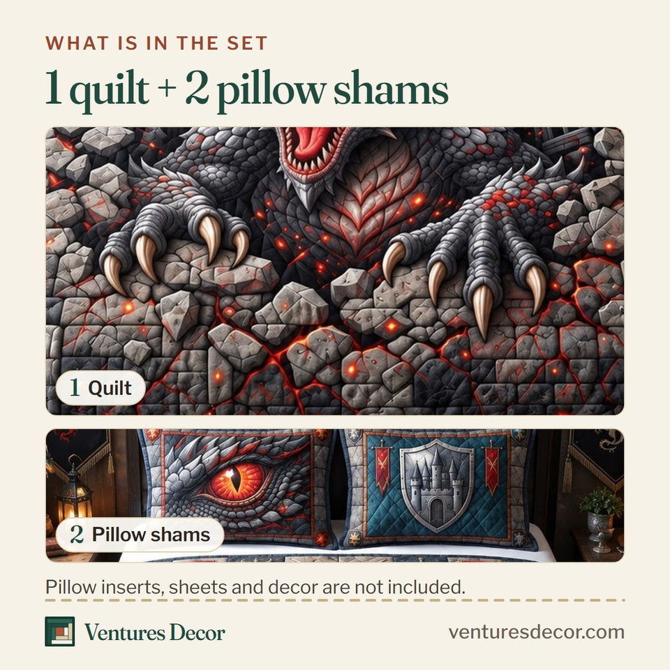 What is in the set: one quilt and two pillow shams, shown in the Castle Breaker Dragon design