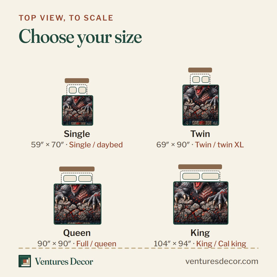 Size guide for the Castle Breaker Dragon quilt, top view to scale: Single 59 x 70 in, Twin 69 x 90 in, Queen 90 x 90 in, King 104 x 94 in