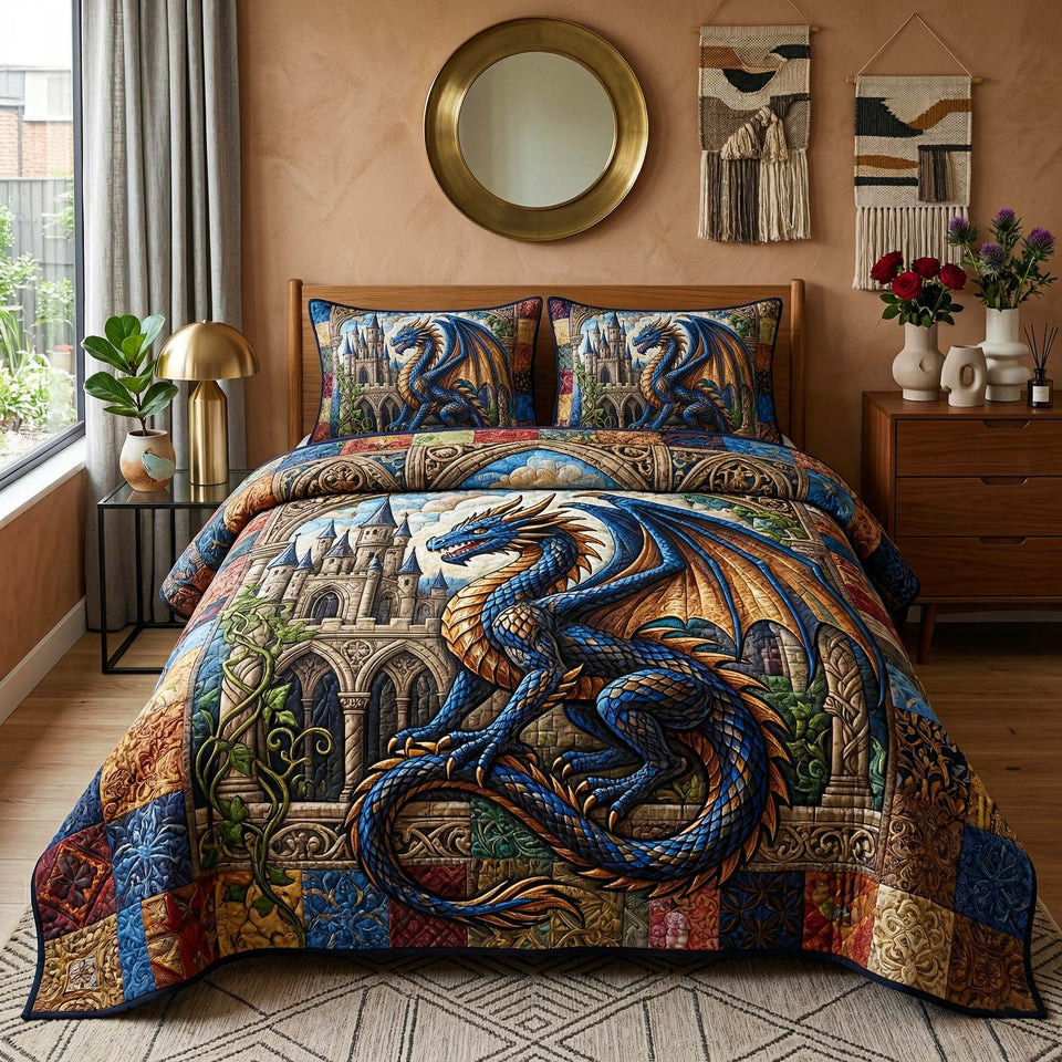 Castle Dragon quilted bedding set, quilt and two pillow shams on a made bed