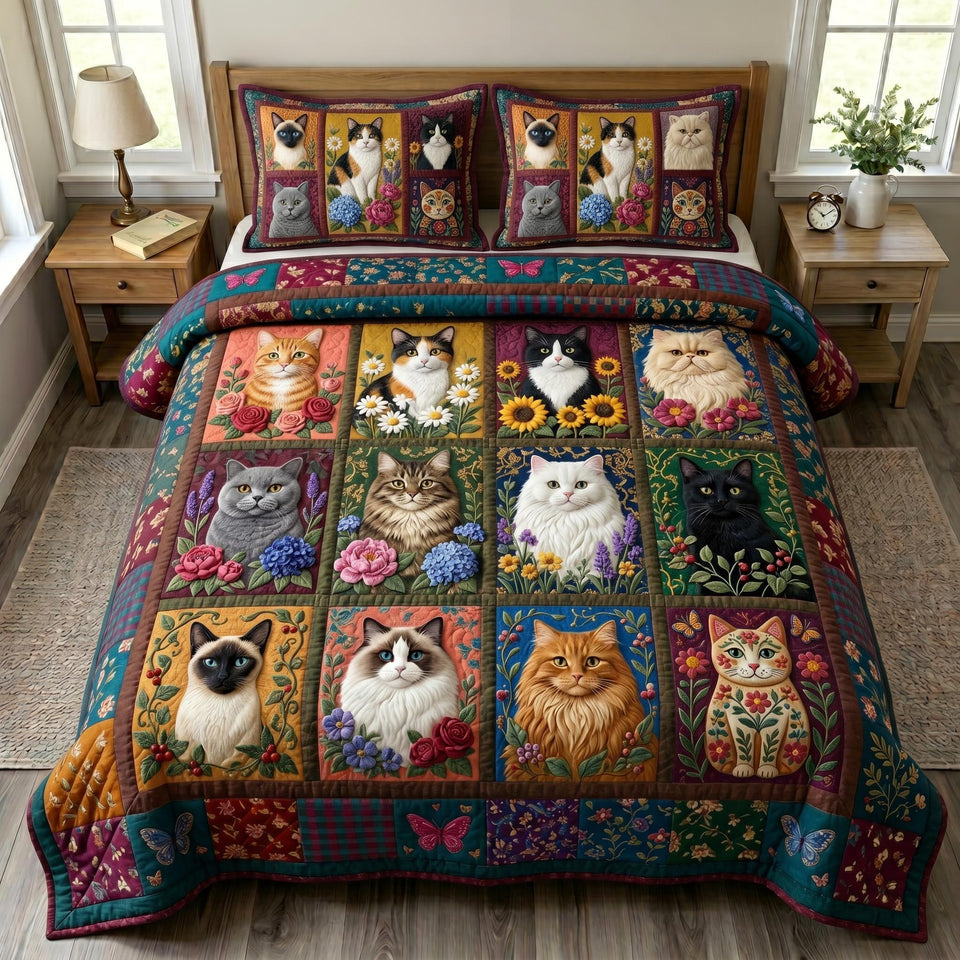 Cat Bliss Jewel Tone Portrait Blocks quilted bedding set, quilt and two pillow shams on a made bed