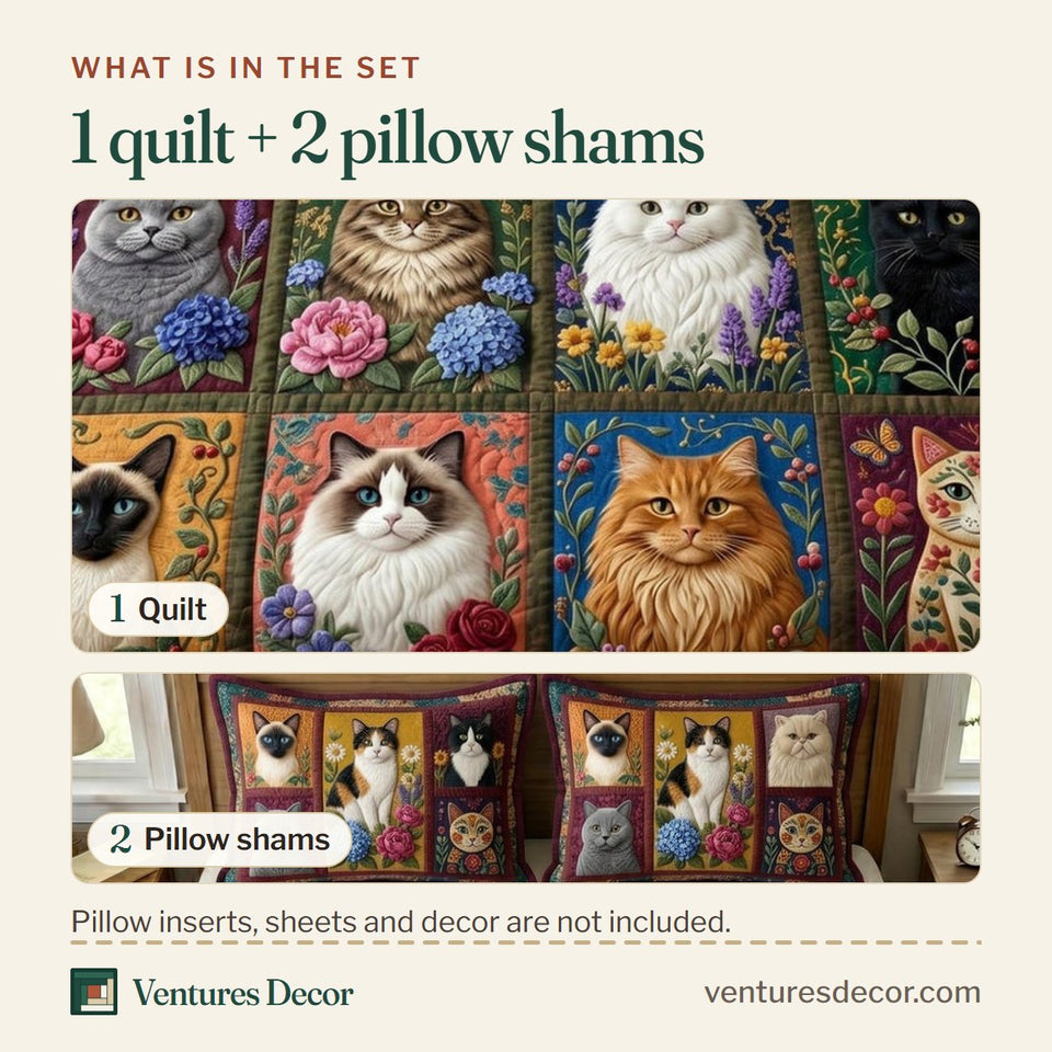 What is in the set: one quilt and two pillow shams, shown in the Cat Bliss Jewel Tone Portrait Blocks design