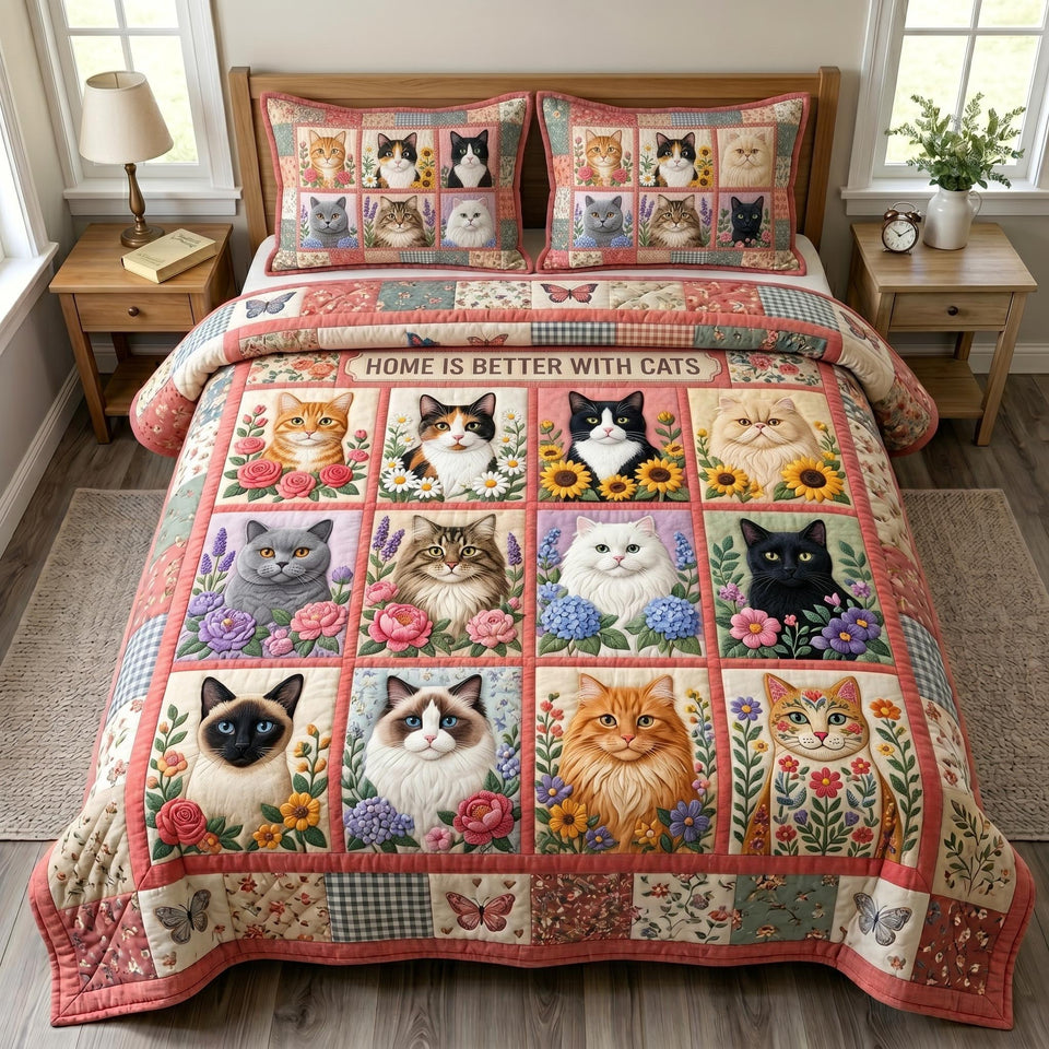 Cat Bliss Portrait Squares Blush Pink Border quilted bedding set, quilt and two pillow shams on a made bed