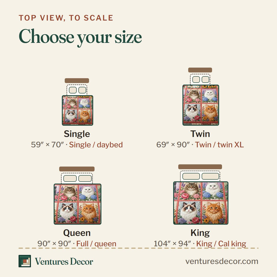 Size guide for the Cat Bliss Portrait Squares Blush Pink Border quilt, top view to scale: Single 59 x 70 in, Twin 69 x 90 in, Queen 90 x 90 in, King 104 x 94 in