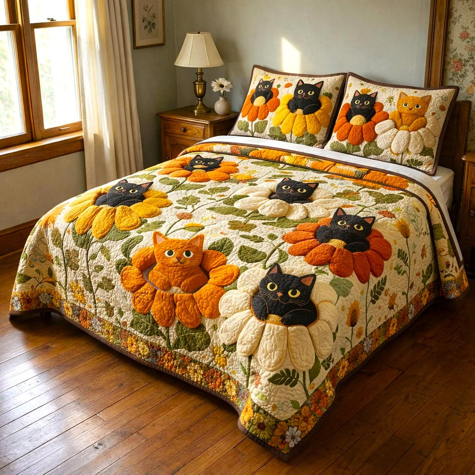 Cat Dreams quilted bedding set, quilt and two pillow shams on a made bed