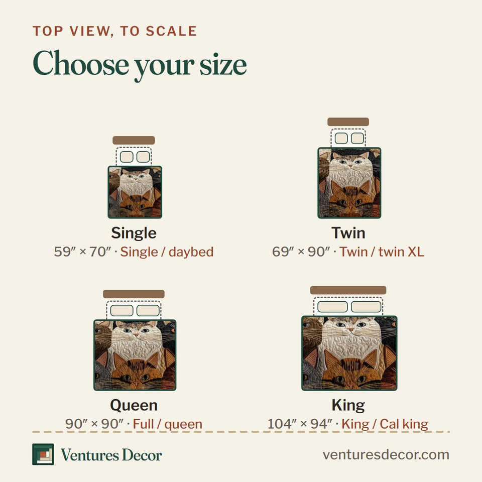 Size guide for the Cat Faces in Earthy Patchwork Squares quilt, top view to scale: Single 59 x 70 in, Twin 69 x 90 in, Queen 90 x 90 in, King 104 x 94 in