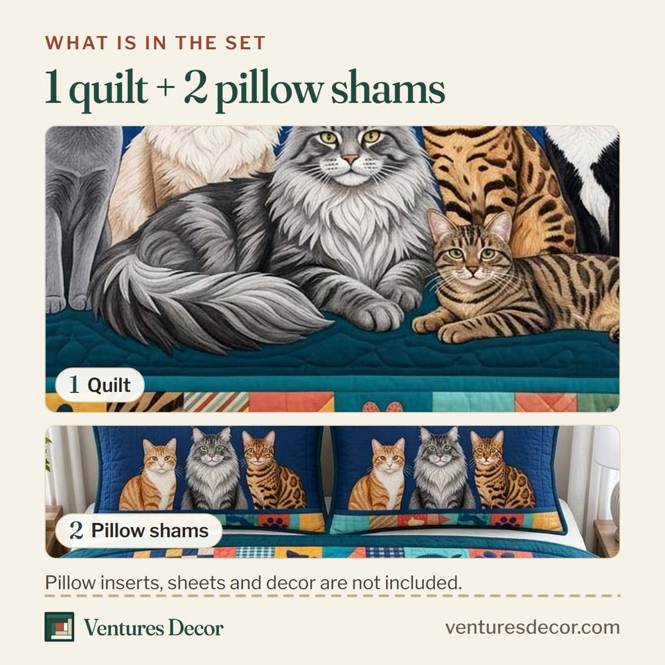 What is in the set: one quilt and two pillow shams, shown in the Cat Family design