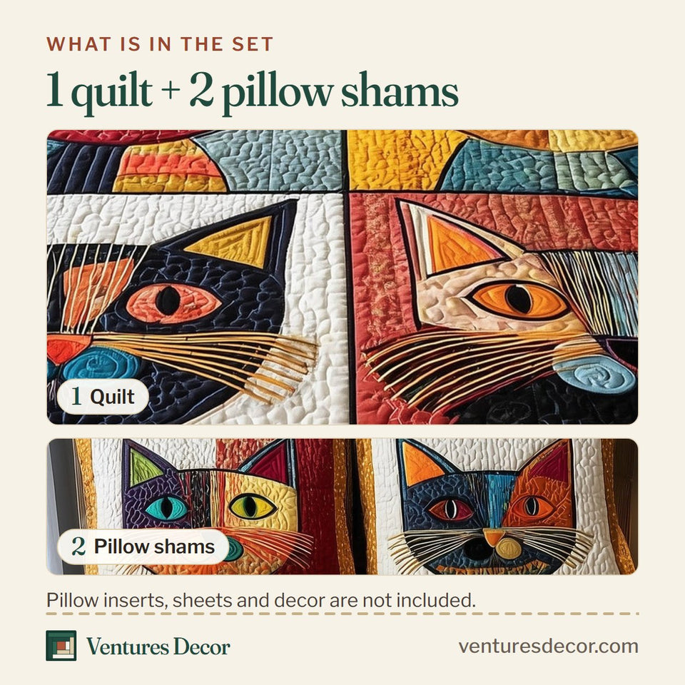 What is in the set: one quilt and two pillow shams, shown in the Cat Folk Art Cat Blocks in Bold Colours design
