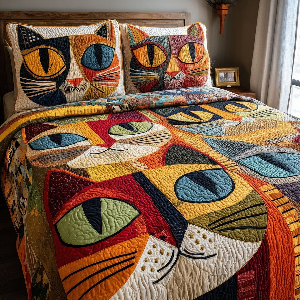 Cat Large Abstract Faces in Warm Tones quilted bedding set, quilt and two pillow shams on a made bed