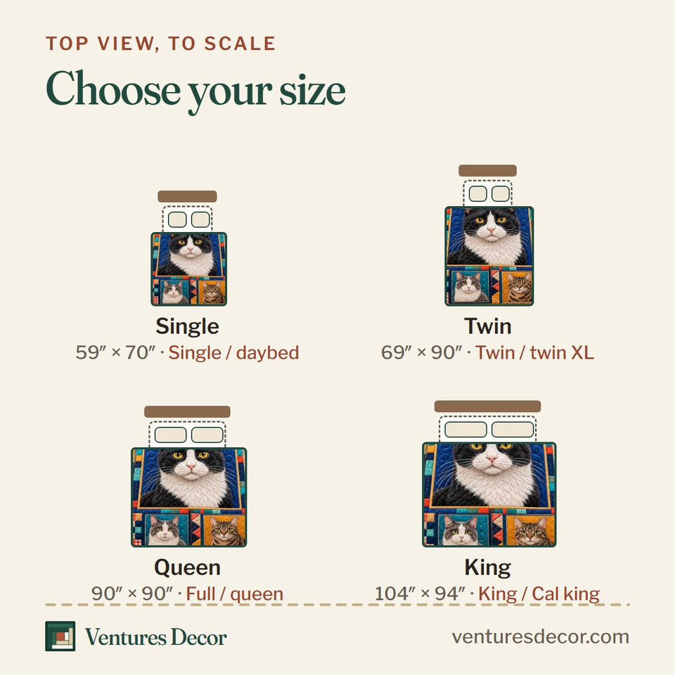 Size guide for the Cat Portrait quilt, top view to scale: Single 59 x 70 in, Twin 69 x 90 in, Queen 90 x 90 in, King 104 x 94 in