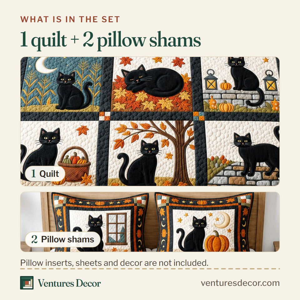 What is in the set: one quilt and two pillow shams, shown in the Cat Pumpkin Patch Window Blocks with Lanterns design