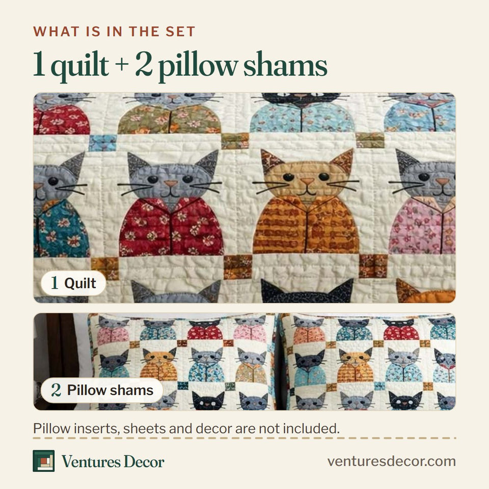 What is in the set: one quilt and two pillow shams, shown in the Cat Serenity Patterned Cat Blocks in Muted Tones design