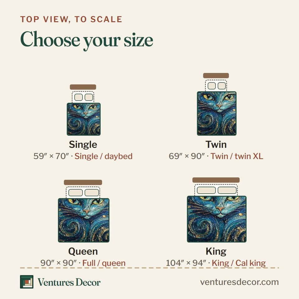 Size guide for the Cat Serenity Starry Swirl Cat Face quilt, top view to scale: Single 59 x 70 in, Twin 69 x 90 in, Queen 90 x 90 in, King 104 x 94 in