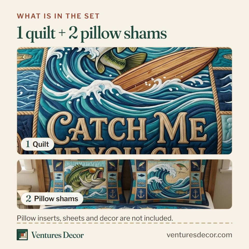 What is in the set: one quilt and two pillow shams, shown in the Catch Me Bass Wave design