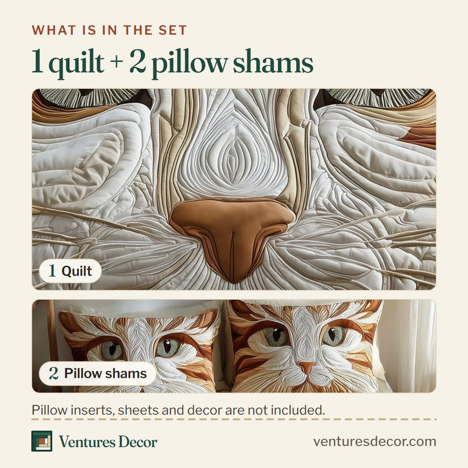 What is in the set: one quilt and two pillow shams, shown in the Catitude Cream Cat with Rust Ears design