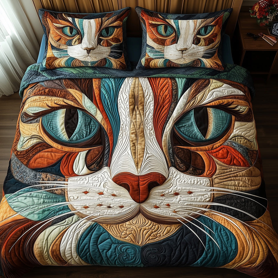 Catitude Folk Art Face in Teal and Rust quilted bedding set, quilt and two pillow shams on a made bed
