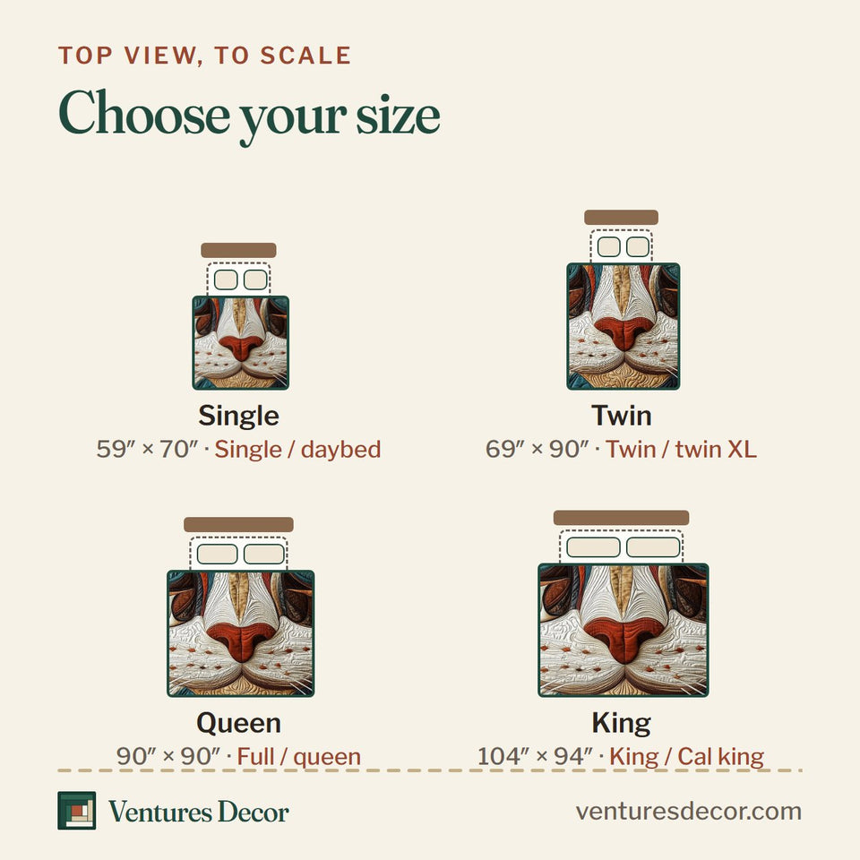 Size guide for the Catitude Folk Art Face in Teal and Rust quilt, top view to scale: Single 59 x 70 in, Twin 69 x 90 in, Queen 90 x 90 in, King 104 x 94 in