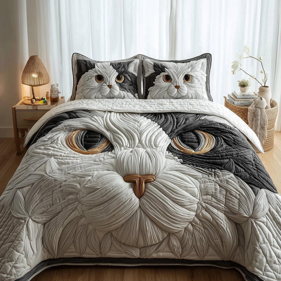 Catitude Grey Capped Cat with Amber Eyes quilted bedding set, quilt and two pillow shams on a made bed